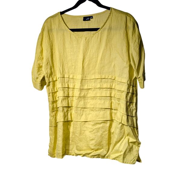 Lisa Bayne Chartreuse Yellow 100% Linen Short Sleeve Relaxed Loose Blouse Sz XS - Picture 1 of 10